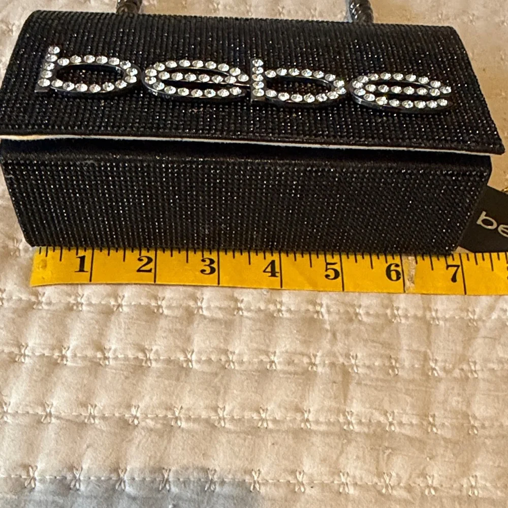 Bebe Black Sparkly Handbag w/ Rhinestone Logo, 5" Metal Handle + Silver Chain - Picture 8 of 10